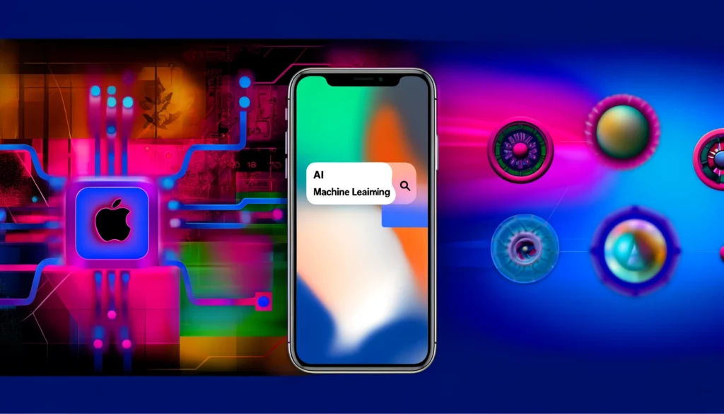 An iPhone displaying iOS 18 features, with a background showcasing AI and machine learning elements, vibrant colors, and futuristic design. 