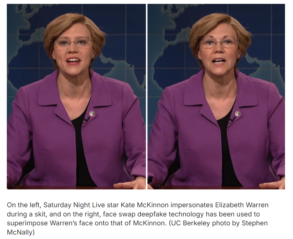 Deepfake Image created on Saturday Night Live star Kate McKinnon impersonates Elizabeth Warren during a skit, and on the right, face swap deepfake technology has been used to superimpose Warren's face onto that of McKinnon. (UC Berkeley photo by Stephen McNally)